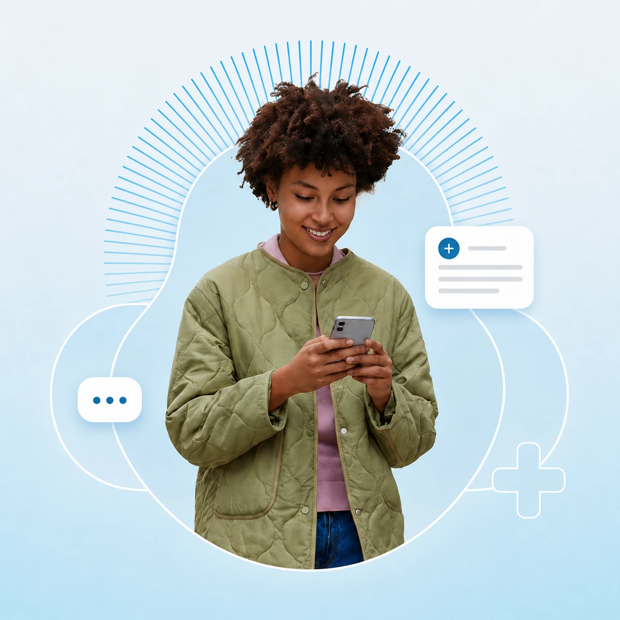 Mulher usando o celular para tirar dúvidas de saúde com apoio do +Cuidado